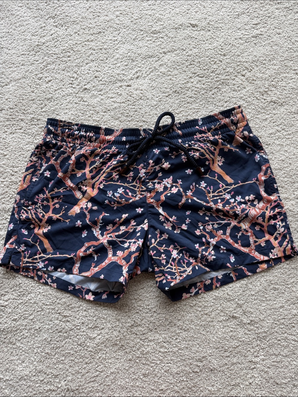 Vilebrequin Navy Blue Athletic Shorts with Pink & Brown Blossom Print